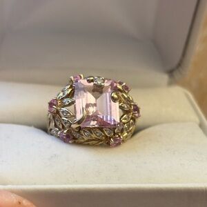 Emerald Cut Pink Sapphire with Elegant Flowers Ring Set 925 Thailand